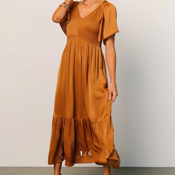 Copper/rust color with satin sheen. Elastic fit under bust. Only wore once - Picture 2 of 5